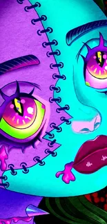 A vibrant wallpaper with a colorful, stitched fantasy face and large neon eyes.