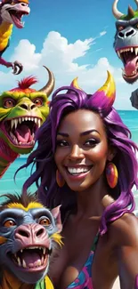 Smiling woman with colorful fantasy creatures on a beach