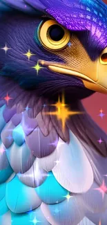 Vibrant fantasy bird with colorful features and sparkling background.