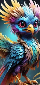 Whimsical fantasy bird illustration with vibrant feathers for mobile wallpaper.