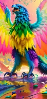 Vibrant fantasy bird with rainbow feathers on a colorful background.