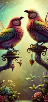 Fantasy birds with colorful wings in a magical forest, perfect for phone wallpaper.