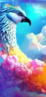 Fantasy bird with colorful clouds in vibrant wallpaper.