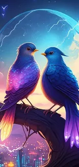 Two colorful birds in a fantasy night sky setting.