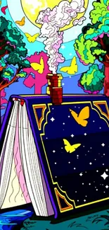 Colorful fantasy book with butterflies in a vibrant forest under a moon.