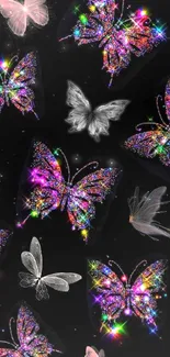 Vibrant neon butterflies on black wallpaper.