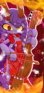 Cartoon character playing instrument in a colorful and whimsical fantasy scene.