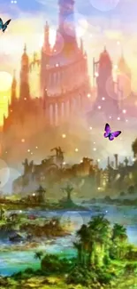 Fantasy castle with butterflies at sunset, vibrant colors.