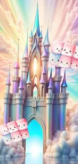 Magical pastel castle with marshmallows and rainbow clouds.