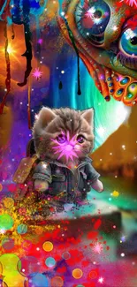 A colorful fantasy wallpaper featuring a cute cat and psychedelic art.