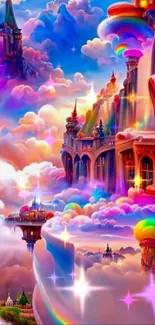 Vibrant fantasy cloudscape with castles and rainbow hues.