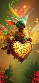 Vibrant fantasy creature with golden wings and heart emblem on mystical backdrop.