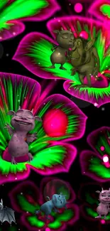 Colorful animated creatures with neon floral background.