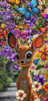 Whimsical baby deer with colorful butterflies and flowers in a fantasy scene.