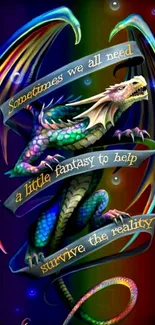 Mobile wallpaper of a colorful dragon with inspirational text.