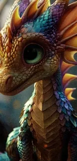 Colorful dragon in a fantasy setting for phone wallpaper.