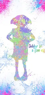 Silhouette of an elf with colorful hues and text 'Dobby is a free elf'.