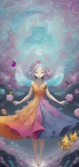 Colorful fantasy fairy in a vibrant, magical setting with butterflies.