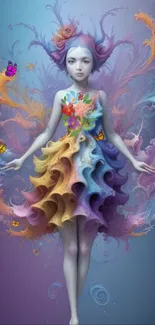 Whimsical fairy in a colorful swirling dress on a purple background.