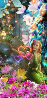 A colorful fantasy scene with a fairy, glowing hearts, and vibrant flowers.