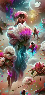 Fantasy wallpaper with colorful flowers and mystical figures.