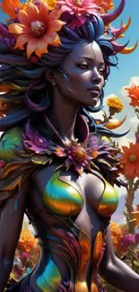 Fantasy woman with colorful flowers in vibrant art style.