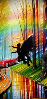 Fantasy forest wallpaper with vivid colors and mythical figures.