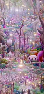 A vibrant, colorful fantasy forest wallpaper with whimsical creatures.