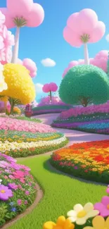 Vibrant fantasy garden with colorful flowers and whimsical tree paths.