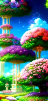 Vibrant fantasy garden with colorful blooms and trees in a mystical landscape.