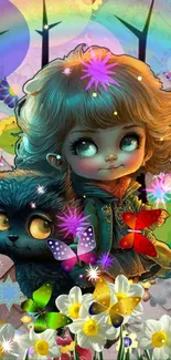 Whimsical girl with black cat in colorful fantasy scene.