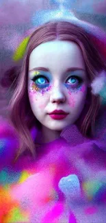 A vibrant, colorful girl in a mystical fantasy setting with purple hues.