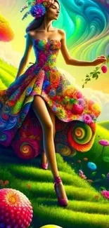 A woman in a colorful dress in a fantasy landscape.