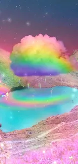 Fantasy landscape wallpaper with rainbow cloud over lake.