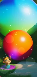 Fantasy wallpaper with colorful balls and a playful character on a green field.