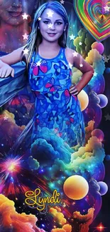 Colorful fantasy wallpaper with girl and cosmic elements.