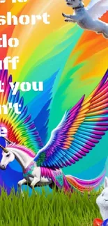 Colorful unicorn wallpaper with motivational text and rainbow wings.