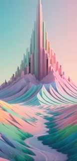 Surreal colorful mountain landscape with pastel tones.