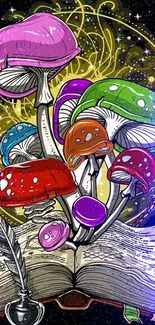 A colorful fantasy mushroom art with an open magical book and vibrant mushrooms.