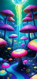A colorful fantasy forest with glowing mushrooms and mystical light.