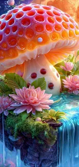 Vibrant mushroom and flowers with waterfall.
