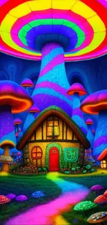 Whimsical landscape with colorful mushrooms and enchanted cottages.