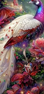 Colorful fantasy peacock in vibrant garden.