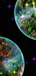 Colorful fantasy planets on a starry background.