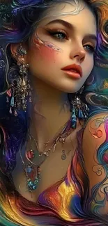 Vibrant fantasy portrait art with colorful designs and intricate jewelry.