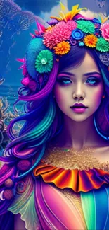 Colorful fantasy portrait wallpaper with vibrant floral accents for mobile.