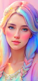 Colorful fantasy princess with pastel hues and braided hair.