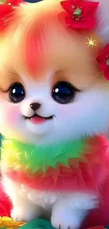 Vibrant and colorful fantasy puppy illustration wallpaper.