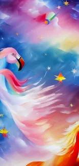 Colorful fantasy wallpaper with stars and whimsical creatures against a blue sky.