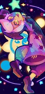 Whimsical character with stars and neon on a dark blue background.